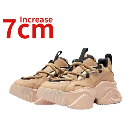 European Genuine Leather Fashion Dad's Shoes for Women Autumn Retro Increased 7cm Design Thick Sole Sports Casual Elevated Shoes