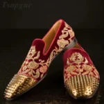 Red Gold Suede Embroider Rivet Decor Men Shoes Men's Pumps Slip-On Runway Casual Party Shoes 2023 Fashionable Zapatillas Mujer
