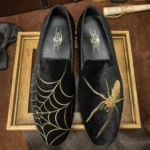 Men Loafers Handmade Genuine Suede Leather Low Heel Spider Web Embroidery Slip On Casual Party Shoes Comfort Moccasins Shoes