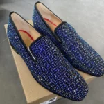 LOUBUTEN Royal Blue Rhinestone Loafers Luxury Evening Formal Men Dress Shoes Slip On Leather Flats Party Wedding Shoes