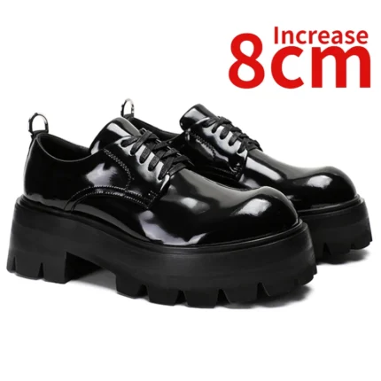 Derby Shoes for Men's Style Genuine Leather Round Toe Thick Sole Height Increased 8cm Large Toe Casual Glossy Leather Shoes Male