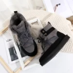 2022 new fashion fur integrated women's snow boots leather short barrel winter lace-up Martin boots thick sole