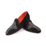 Handmade Black Suede Loafers, Real Calfskin Leather, Red Leathersole, Crystal Cross Embroidery, Slip On Designer Wedding Shoes - Image 2