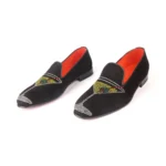 Handmade Black Suede Loafers, Real Calfskin Leather, Leathersole, Yellow Wine Glass Crystal Embroidery, Designer Shoes