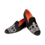 Handmade Black Suede Loafers, Real Calfskin Leather, Leathersole, Crystal Crown Embroidery, Men's Slip On Designer Wedding Shoes
