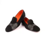 Handmade Black Suede Loafers, Real Calfskin Leather, Leathersole, Bow Tie Style Crystal Embroidery, Designer Wedding Shoes