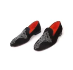Handmade Black Suede Loafers, Real Calfskin Leather, Red Leathersole, Crystal Cross Embroidery, Slip On Designer Wedding Shoes