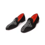 Handmade Black Suede Loafers, Real Calfskin Leather, Red Leathersole, Crystal Cross Embroidery, Slip On Designer Wedding Shoes
