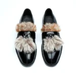 Fox Fur Shoes Man Pointed Toe Black Leather Flats Male Fashion Loafer Shoes - Image 2