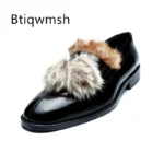 Fox Fur Shoes Man Pointed Toe Black Leather Flats Male Fashion Loafer Shoes
