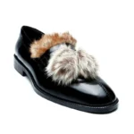 Fox Fur Shoes Man Pointed Toe Black Leather Flats Male Fashion Loafer Shoes - Image 4