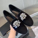 Luxury Rhinestone Velvet Leather Loafers For Women Slip-On Pedal Round Toe Casual Single Shoes Black Lazy Women Flat Shoes Zapat